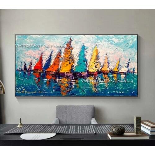 Modern Sailboat Colorful Handmade Oil Painting on Canvas Big Size Nordic Wall Picture for Living Room Landscape Canvas Painting
