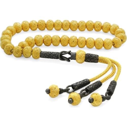 Tesbihane Handwork Sphere Cutout Gold-Black Mini Size 1000 Sterling Silver Kazaz Rosary