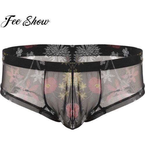 Mens Male See Through Sheer Lingerie Exotic Panties Jockstraps Bulge Pouch Flower Printed Sissy Gay Briefs Underwear Underpants