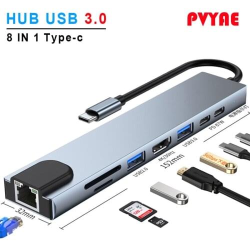 USB C Hub Type-C 3.1 to 4K HDMI-Compatible RJ45 USB SD/TF Card Reader PD Fast Charge 8-in-1 USB Dock For MacBook Air Pro PC HUB