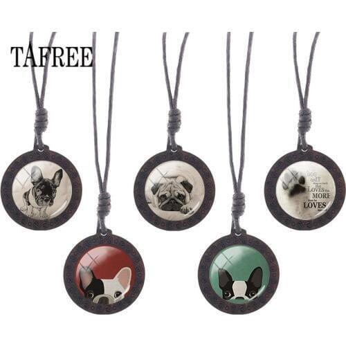 TAFREE Vintage Pug Poodle Wooden Necklace Glass Animal Pet Dog Image Charms Choker Wood Pendant Rope Chains Jewelry A113