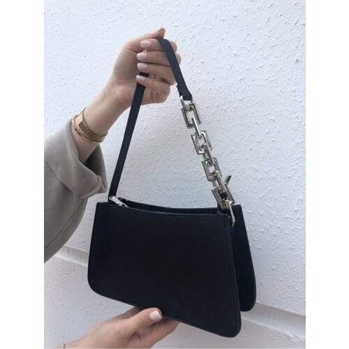 Womens Black Chain Detailed Baguette Bag