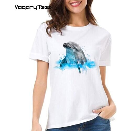 Female Casual Tops Streetwear Tee Watercolor Dolphin in Water Print women tshirt Casual t shirt Hipster Cute Oversized T-shirt