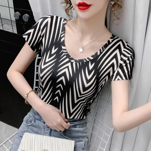 Fashion striped slim-fit pullover tops t-shirt summer short sleeve woman tshirt streetwear print plus size casual tees camisetas