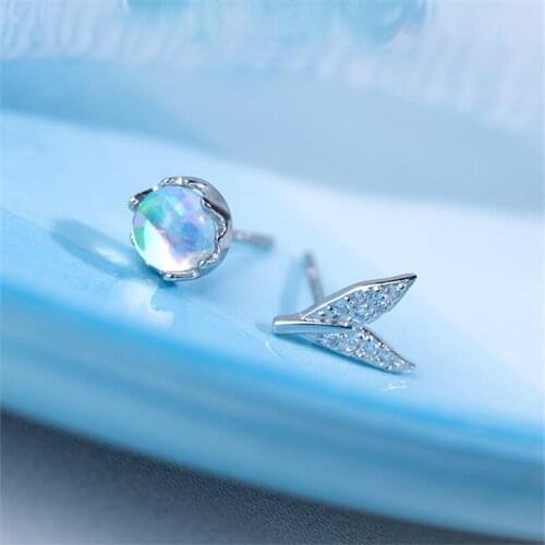 925 Sterling Silver Asymmetric Moonstone Mermaid Tail Stud Earrings For Women Wedding Brincos Pendientes EH1106