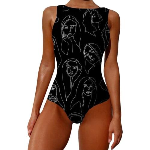 Women Swimsuit One Piece Suit Graffiti Abstract Print Wide Strap Swim Bathing Suit High Neck Backless Swimwear Bodysuit Monokini