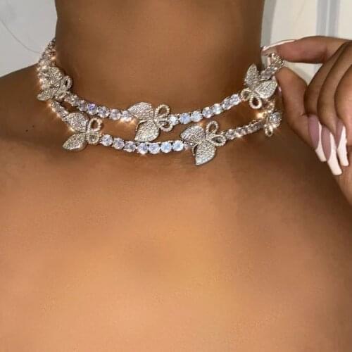New arrived butterfly iced out bling hip hop women jewelry 5A cubic zirconia cz tennis chain ice choker necklace