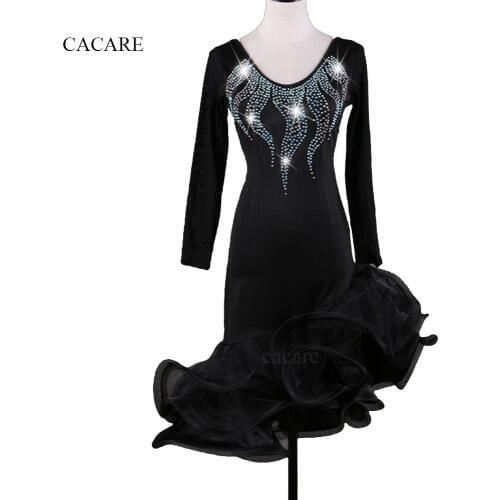 CACARE Latin Dance Dress Women Latin Dance Competition Dress Fringed Dress D0338 Backless Fluffy Sheer Hem Rhinestones