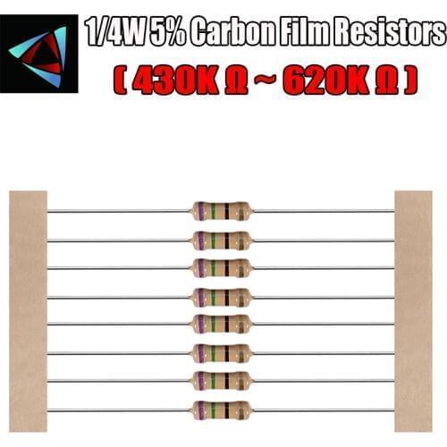 100Pcs 1/4W 5% Carbon Film Resistor 430K 470K 510K 560K 620K ohm