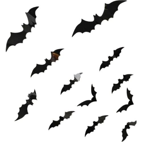 12Pcs Party Decoration Halloween Black Bat Sticker 3D Wall Stickers Red Home Decor Background DIY Holiday Living Room Decoration