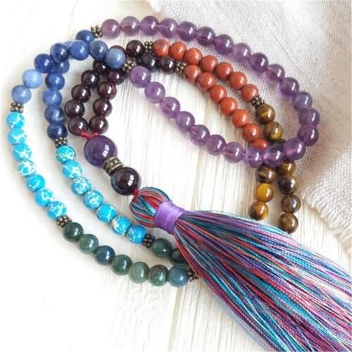 6mm 7 Chakra Amethyst Lasurite Gemstone 108 Beads Mala Necklace Spiritua Chakra Retro Religious