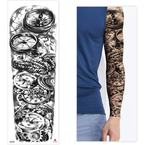 Large Arm Sleeve Tattoo Clock Robotic Arm Gear Waterproof Temporary Tatoo Sticker Tiger Eye Warrior Men Full Skull Totem Tatto
