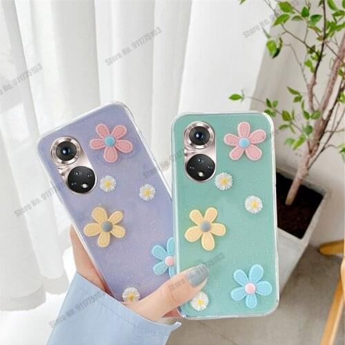 Case For Huawei Honor 50 Pro 5G Glitter Daisy Flower Clear Phone Case For Honor 50 SE Wrist Strap Silicone Protection Back Cover