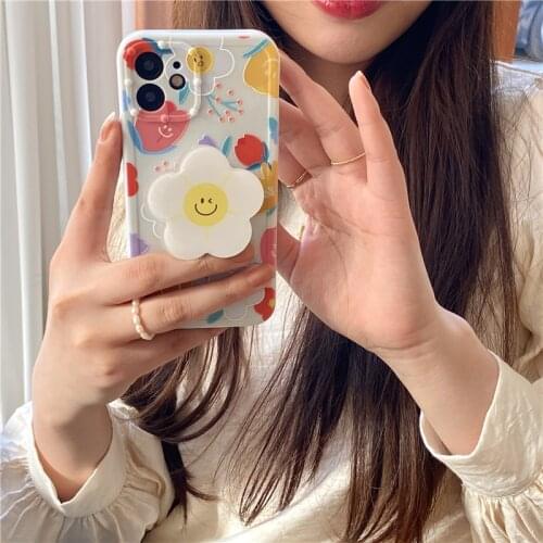 Cute Daisy Flowers Smile Grip Phone Case For iPhone 11 Pro Max 12 X XS XR 7 8 Plus SE 2020 Shockproof Soft TPU Cover Bracket Bag