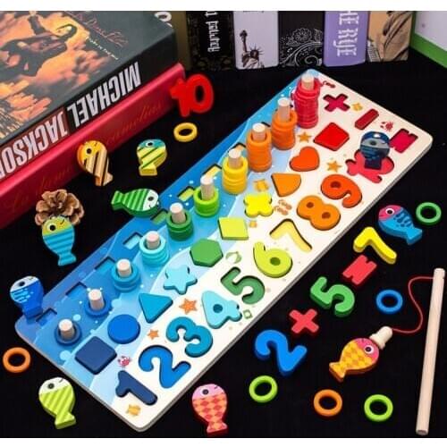 Montessori Wooden Counting Fishing Board Shape Number Letter Animal Traffic Cognitive Matching Board Educational Toys For Kids