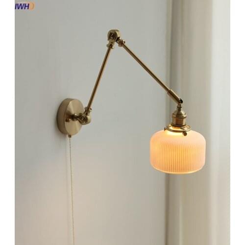IWHD Japan Style Copper Long Arm Wall Lamp Sconce Pull Chain Switch Beside Bedroom Stair Light Ceramic Lampshade Wandlamp LED