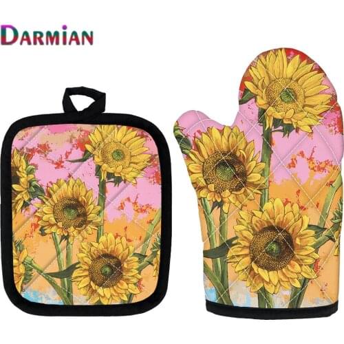 DARMIAN Beautiful Yellow Sunflower Print Kitchen Baking Antiscalding Gloves Potholder Pad Oven Microwave Insulation Mat Set of 2