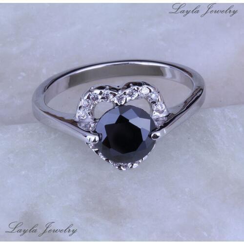 Love Monologue Excellent Black imitation Onyx & Cubic Zirconia Heart Silver Color Rings Size 6.5 / 7 / 8 / 9 J0205 Fast Shipping
