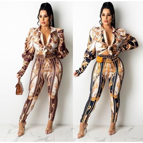 Autumn new products womens fashion sexy digital printing womens two-piece long-sleeved lace-up blouse and trousers suit