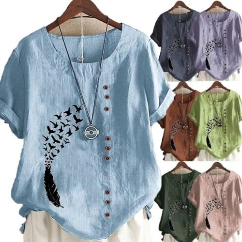 New Women Summer Casual Feather Print Loose T-shirts Vintage Round Neck Plus Size Short Sleeve Blouse Tops S-5XL