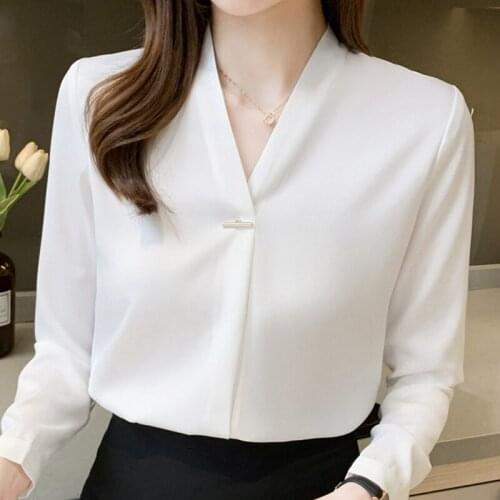 Autumn Women V-Neck White Chiffon Blouse Blouse Shirt Tops Long Sleeve Blouse Women Blusas Mujer De Moda 2021 Blouses Femme A296