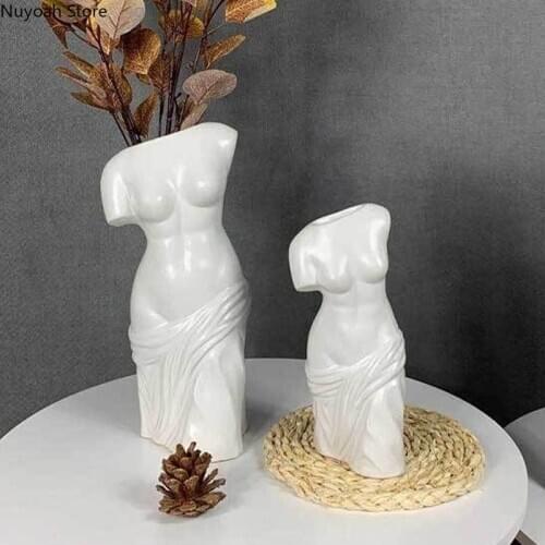 Half-length Figure Sculpture Vase Decoration White Ceramic Dried Flower Flower Arrangement Accessories Body Art Vase Decoration