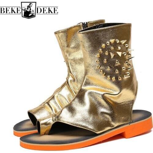 British Style High-Top Zipper Sandals Men Genuine Leather Daily Casual Rome Flip Flops Boots Summer 2020 Rivets Flat Sandals