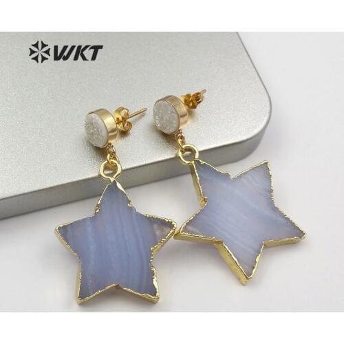WT-E541 Blue Agates Pink Quartz White Crystal Earring Cute Star Shape Pendant With Druzy Stud Boho Earring Bridesmaid Earring