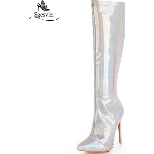 Sgesvier Women Gold Silver Shiny Fashion Over the Knee Boots Sexy Thin High Heel Boots Zipper Boots Winter Ladies Shoes OX957