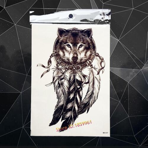 Dreamcatcher Feather Temporary Tattoo Women Body Art Fake Tatoo Arm Big Dream Catcher Wolf Waterproof Black Flash Tatoo Sticker