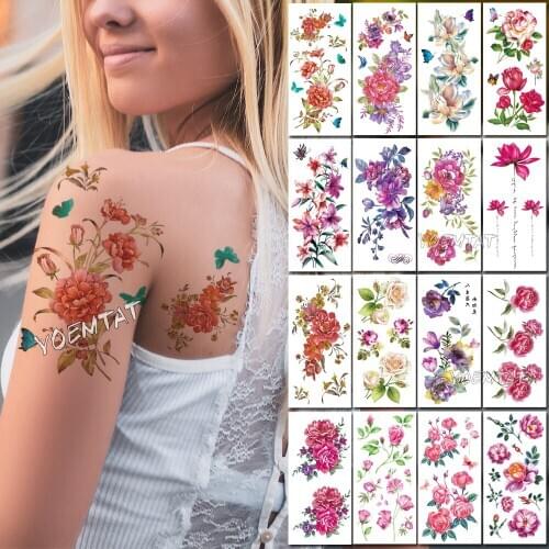 Temporary Armband Tattoo Waterproof Temporary Tattoo Sticker Flower Lotus Tattoo Sleeve Female Wrist Arm Cover Tattoo Fake Girl