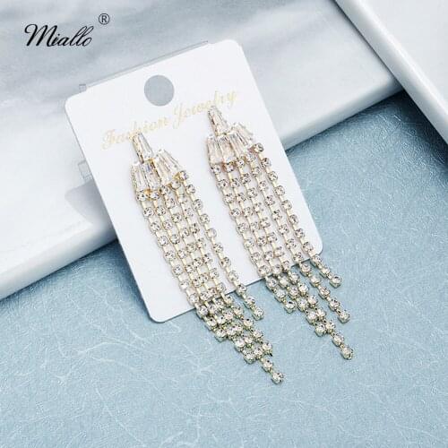 Miallo Fashion Rhinestone Long Chain Tassel Earrings for Women Accessories Gold Color Drop Earrings Trendy Party Jewelry Gifts