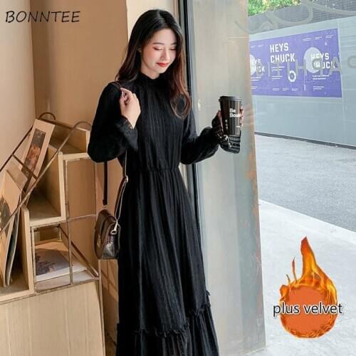 Dresses Women Thickening Ladies Winter All-match Korean Style Long Sleeve Preppy 3 Colors Fashionable Vestidos Solid Mujer Chic