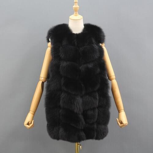 Real Fur Coat Autumn Winter Women Fashion Casual Warm Slim Sleeveless Long genuine Fox Fur Vest Winter Pockets Jacket Women