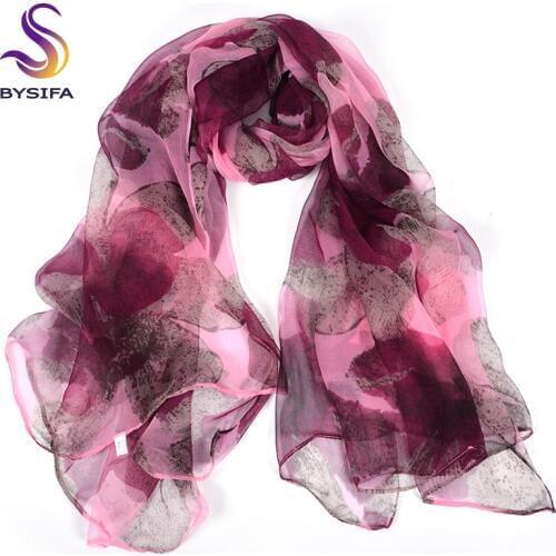 [BYSIFA] Purple Pink Ladies Silk Scarf Shawl New Fashion Accessories Floral Design Large Long Scarves Wraps For Spring Autumn