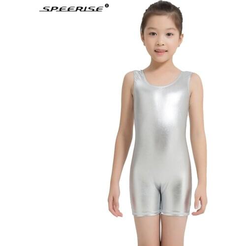Speerise Tank Biketard One-piece Unitard for Kids Spandex Girl Dance Bodysuit Shiny Metallic Gymnastics Short Unitards