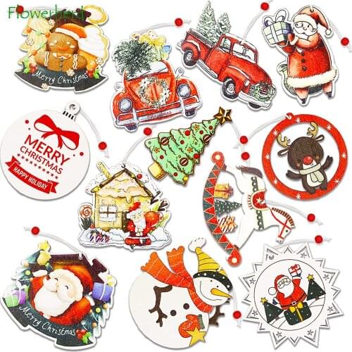 12 Pack Christmas Wooden Ornaments Set Christmas Theme Wood Decoration Xmas Hanging Ornament Pendant Decor for Christmas Tree