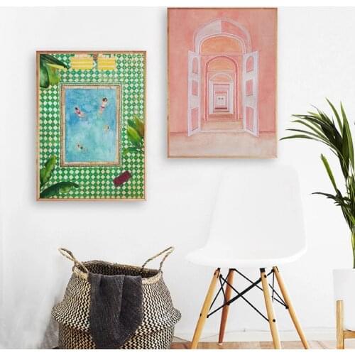 Watercolor Tropical Painting Boho Chic Wall Art Poster Botanical Swimming Pool Canvas Prints Morocco Style Decorative Pictures