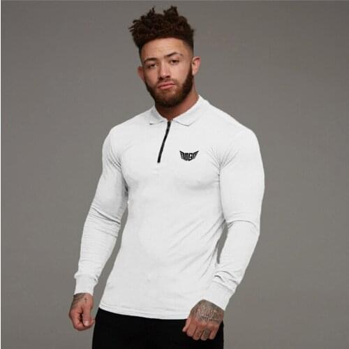 Brand Bodybuilding Mens Polo Shirt Gym Clothes Fitness Stretch Cotton Long Sleeve Turn-down Collar Zipper Polo Shirt Plus Size