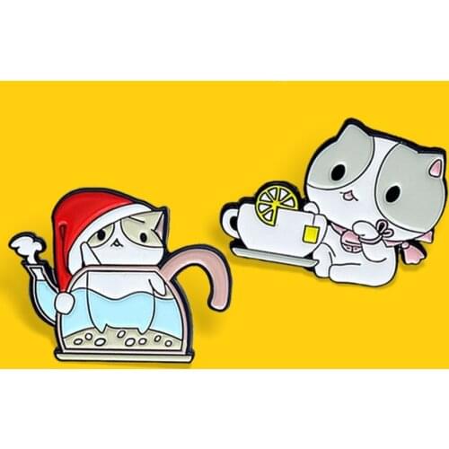 Cartoon Cat Kitten Brooch Teacup Teapot Lemon tea Cat Enamel Pins Button Denim Brooches Badge Animal Jewelry Gift for Kids