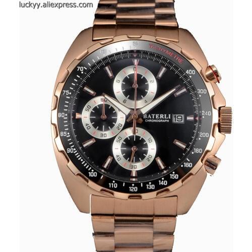 Chronograph men watch Japanese VK Quartz Black Ceramic Bezel and Full Stainlees Steel Rose Gold man wristwatch A189