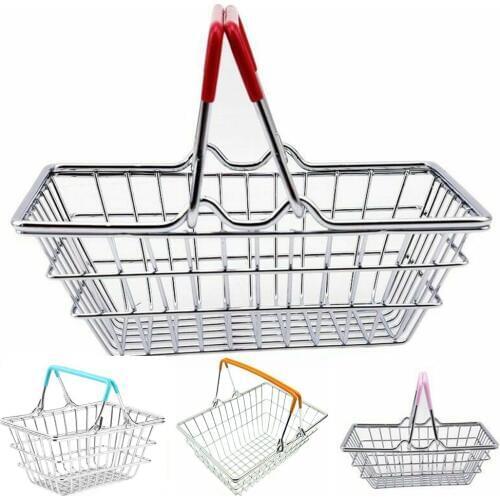 Kids Pretend Toy Miniature Metal Simulation Supermarket Shopping Basket Desktop Storage Toy Gift Dollhouse Furniture Accessories