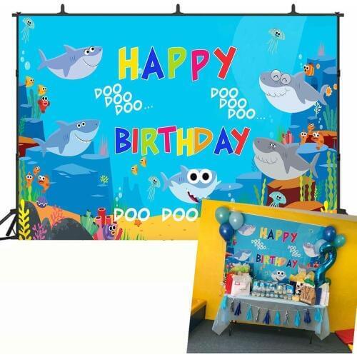 Baby Shark Happy Birthday Theme Photo Backdrop Under The Sea Birthday Party Background Baby Shower Kids Family Photo Props 7x5FT