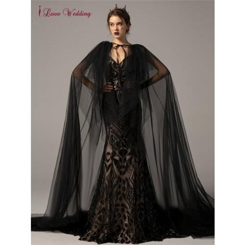 Gothic Wedding Dresses Black Nude Detachable Train Wrap Sequins Bridal Wedding Gowns Spaghetti Strap Backless Sexy Bride Dress