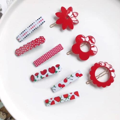 Ins Korean flower Strawberry Cherry lovely side clip girl lovely flower hairpin girl acrylic red speckle alligator clips