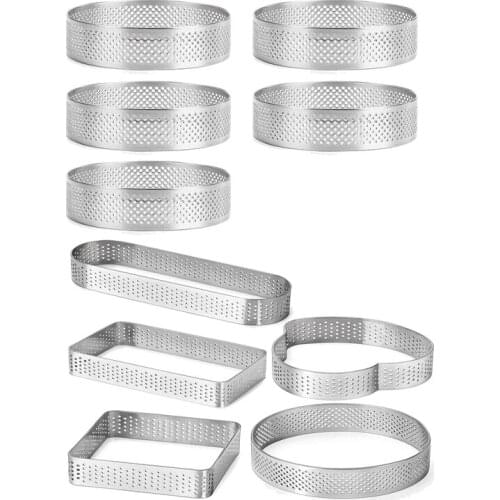 10 Pack Stainless Steel Tart Ring,Heat-Resistant Perforated Cake Ring,Tower Pie Cake Baking Mould Mousse Rings(5 Shapes)