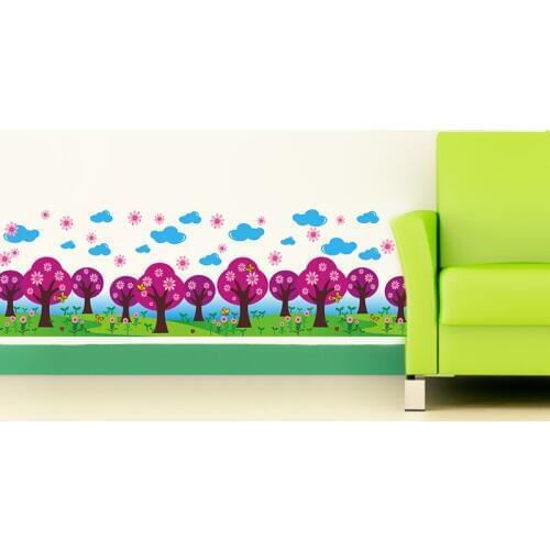 Colorful Tree Flowers Fence Wall Border Decal Sticker Kids Room Wall Baseboard Art Mural Poster Home Decor Wall Applique