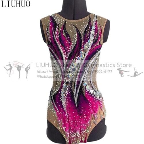 LIUHUO Rhythmic leotards dress Women Girls Pink Gymnastics Diamonds Jewelry Competition Figure Skating leotards for Competition