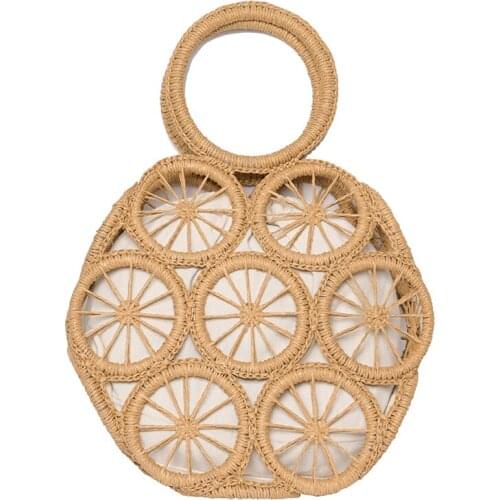 Fashion rattan hollow round straw bags wicker woven women handbags summer beach shoulder crossbody bags casual lady bali purses
