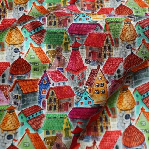 Cartoon Colorful Houses Plain Weave Cotton Fabric for Clothes Dress Home Textile Pillow Sewing Quilting DIY Needlework Material